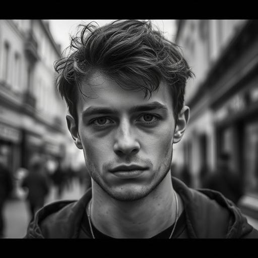Portrait artistique en noir et blanc d'un jeune homme à Lyon, avec une expression mélancolique et un arrière-plan urbain.