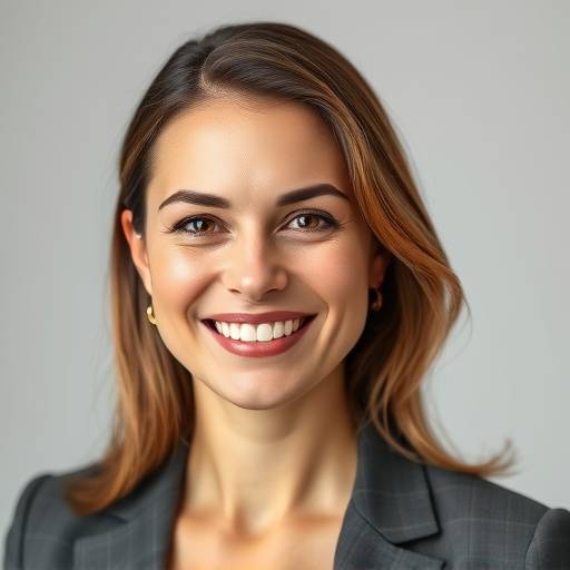 Portrait professionnel d'une femme d'affaires souriante dans un studio photo à Lyon, avec un éclairage doux et flatteur.